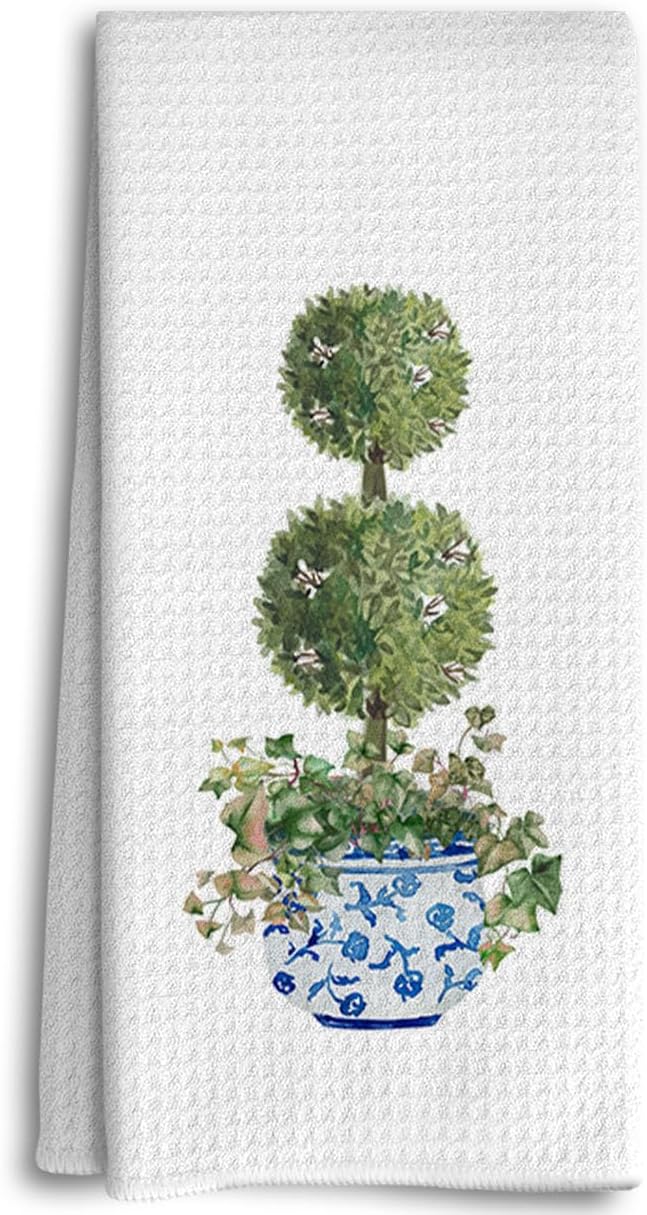 Blue and White Porcelain Kitchen Towels,Chinoiserie Decor, Preppy Chinoiserie Hand Towels, Watercolor Green Topiary Trees Bathroom Kitchen Decor, Vintage Plant Dish Towels Tea Towels for Kitchen