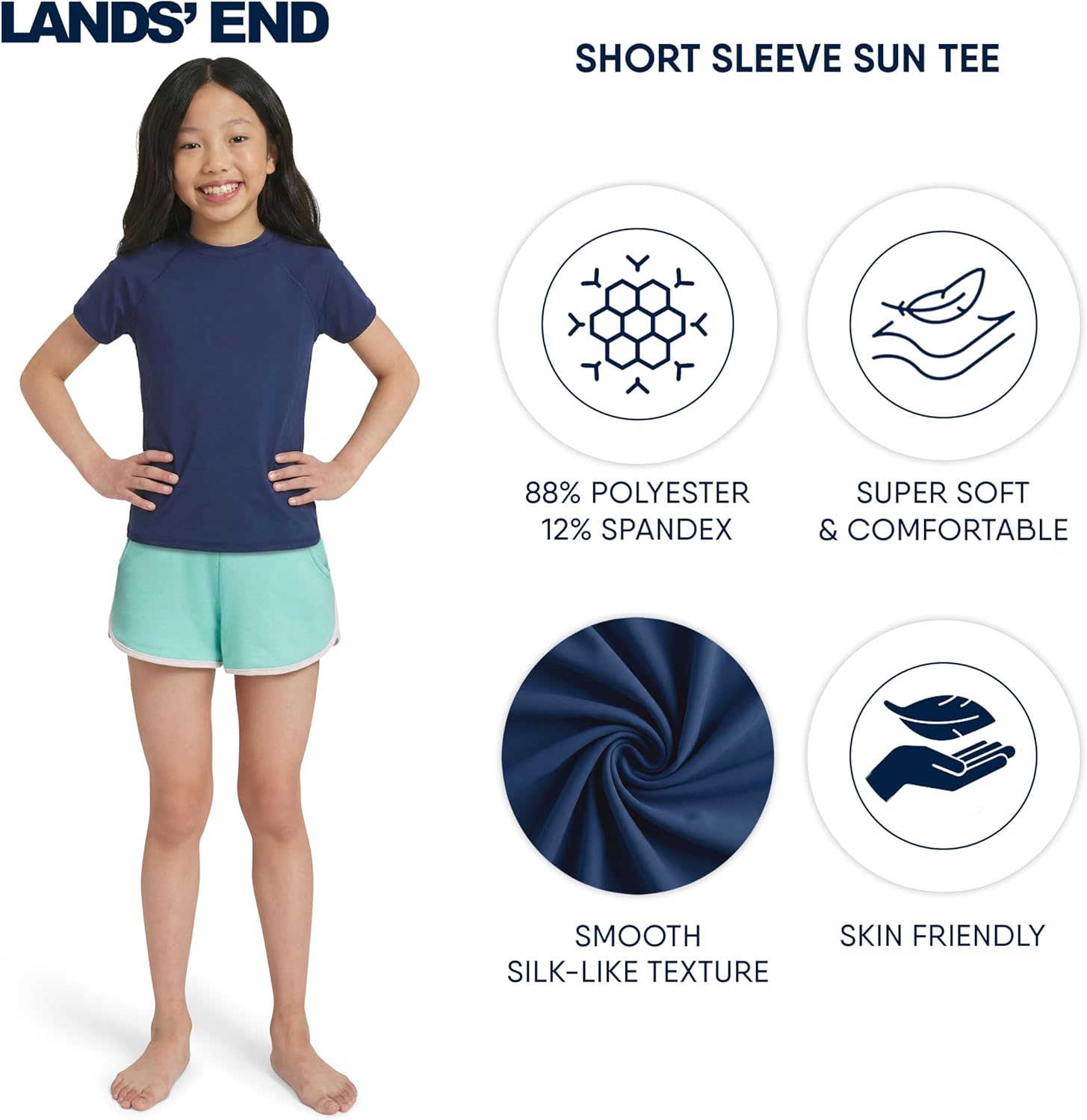 Lands' End Girls' Swim UPF 50+ Short Sleeve Sun Tee Rash Guard Shirt