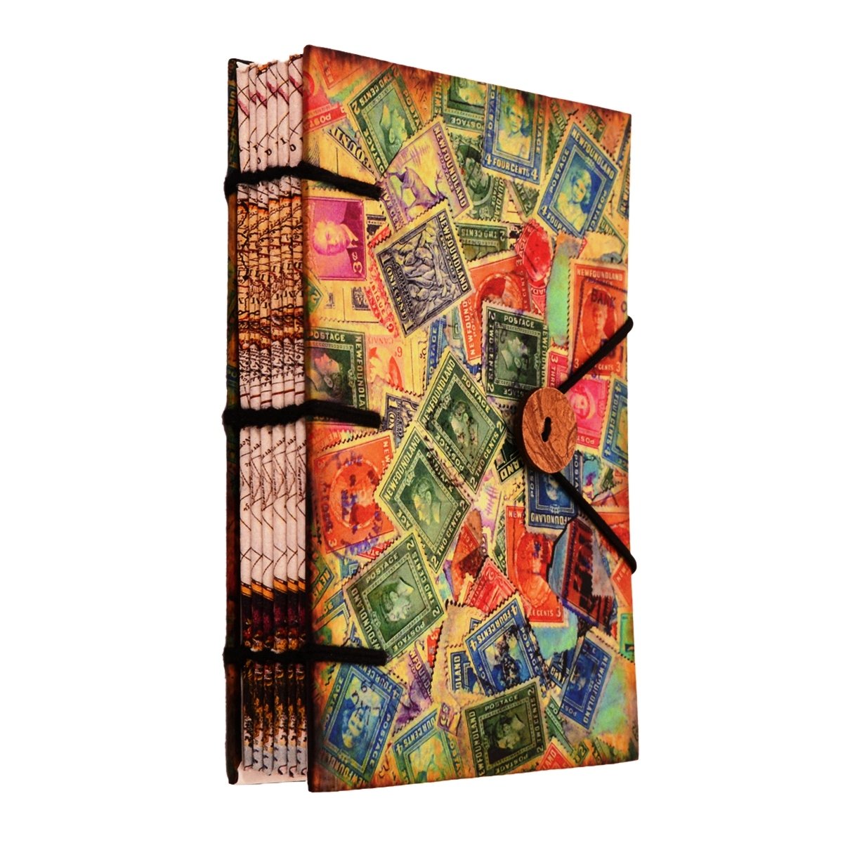 Purpledip Vintage Diary 'Stamp Collector': Handmade Paper Journal with String & Button Closure (11110), Multi, 5*7