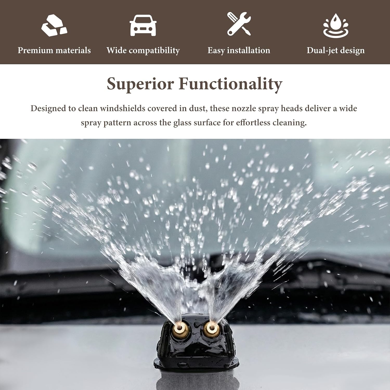 Sun Walker 2 PCS Front Windshield Washer Nozzles, Double-Hole Straight Column Auto Wiper Water Sprayers, Front Windshield Squirter Nozzle Replacement for Most Cars SUVs Trucks