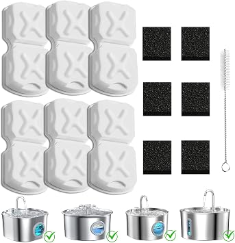 Cat Water Fountain Filter Kit-6 Filters, 6 Sponges & 1 Brush