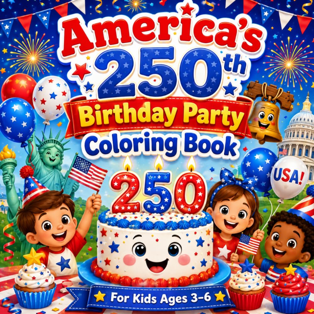 America’s 250th Birthday Party Coloring Book: Easy Patriotic Coloring Pages for Preschool Kids Ages 3–6, with Birthday Cakes, Balloons, Fireworks, ... Stars, and America250 Celebration Fun