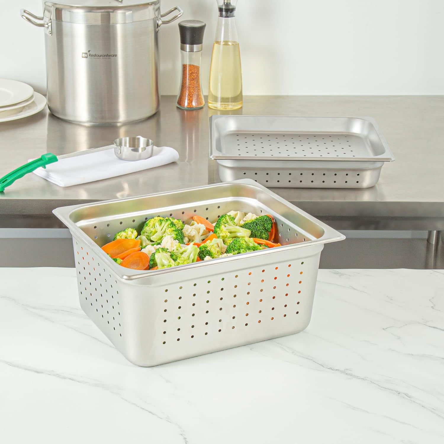 Restaurantware Steam Table Pan 1 Pack of Half Size Stainless Steel Perforated Hotel Pan Anti-Jam 6 Inch Deep Silver Commercial Kitchen Pan 24 Gauge