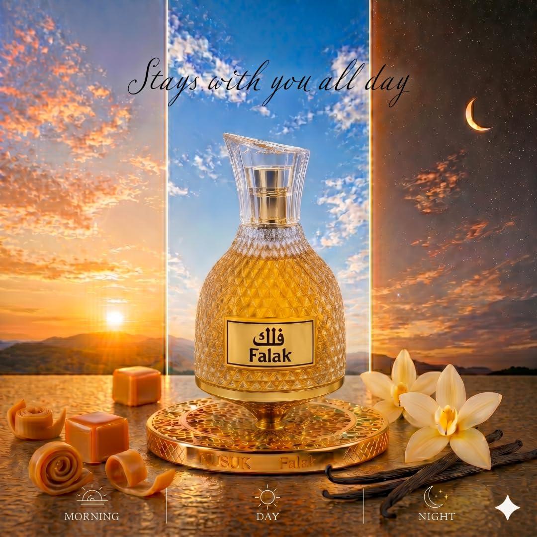 Nusuk Falak Eau De Parfum 100ml | Parfum unisexe longue durée | Parfum caramel, vanille et praline | Parfum gourmand chaud | Bouteille en verre spray élégante