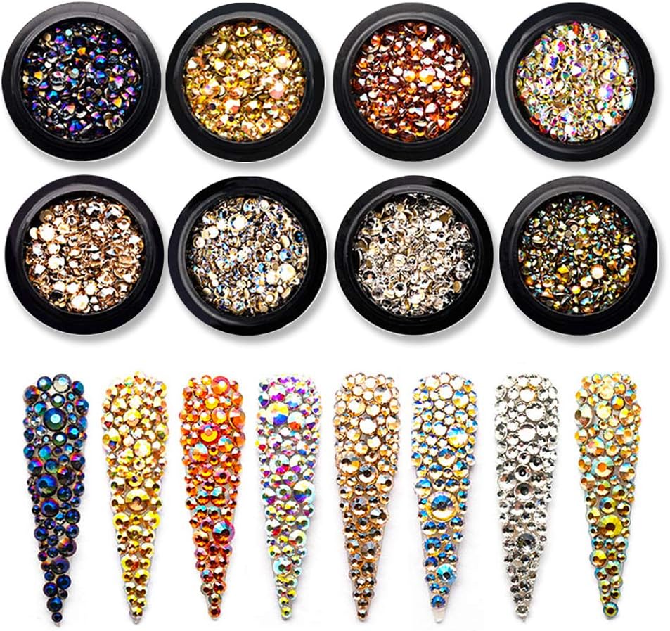 HisenleeMixed size Glass Gems Nail Rhinestones FlatBack Crystals Special Color Nails Accessories For Nail Art Decorations Set Of 8