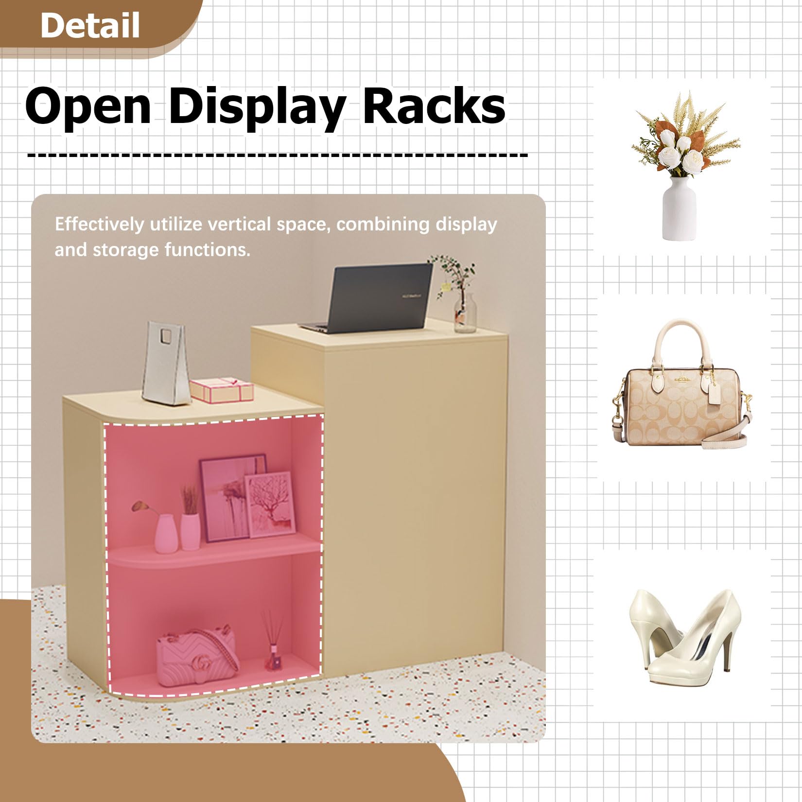 Moderno escritorio de recepción con estante de exhibición, elegante mostrador para pequeñas tiendas, hoteles, vestíbulos, spas y barberías, diseño funcional, 80 x 45 x 95 cm, solución para ahorrar
