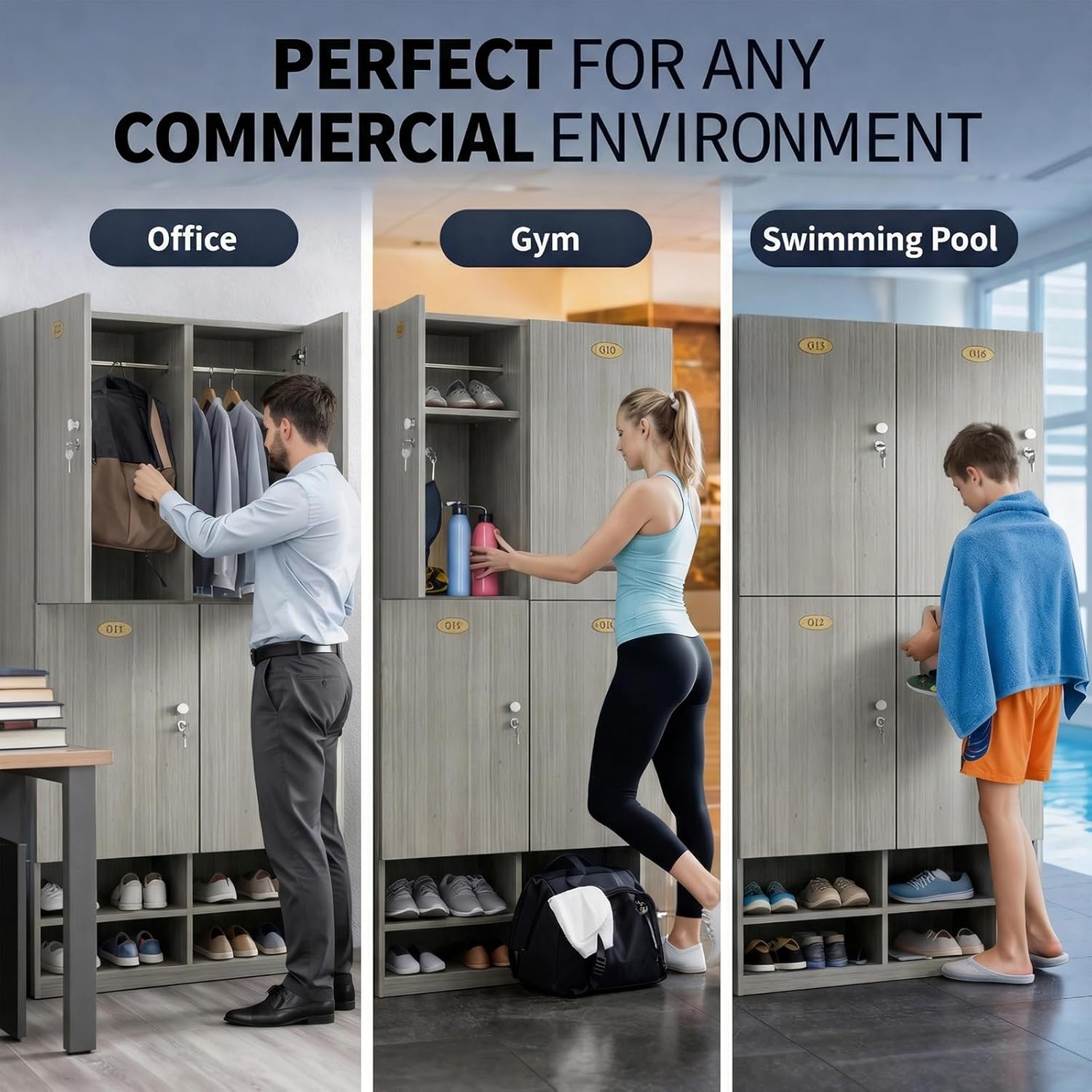 Employee Lockers, Commercial Storage Locker Cabinet with Lock & Shoe Storage, Modern Wooden Locker for Office, Gym & Changing Room - White 12-Door - L62.9*W15.7*H78.7in