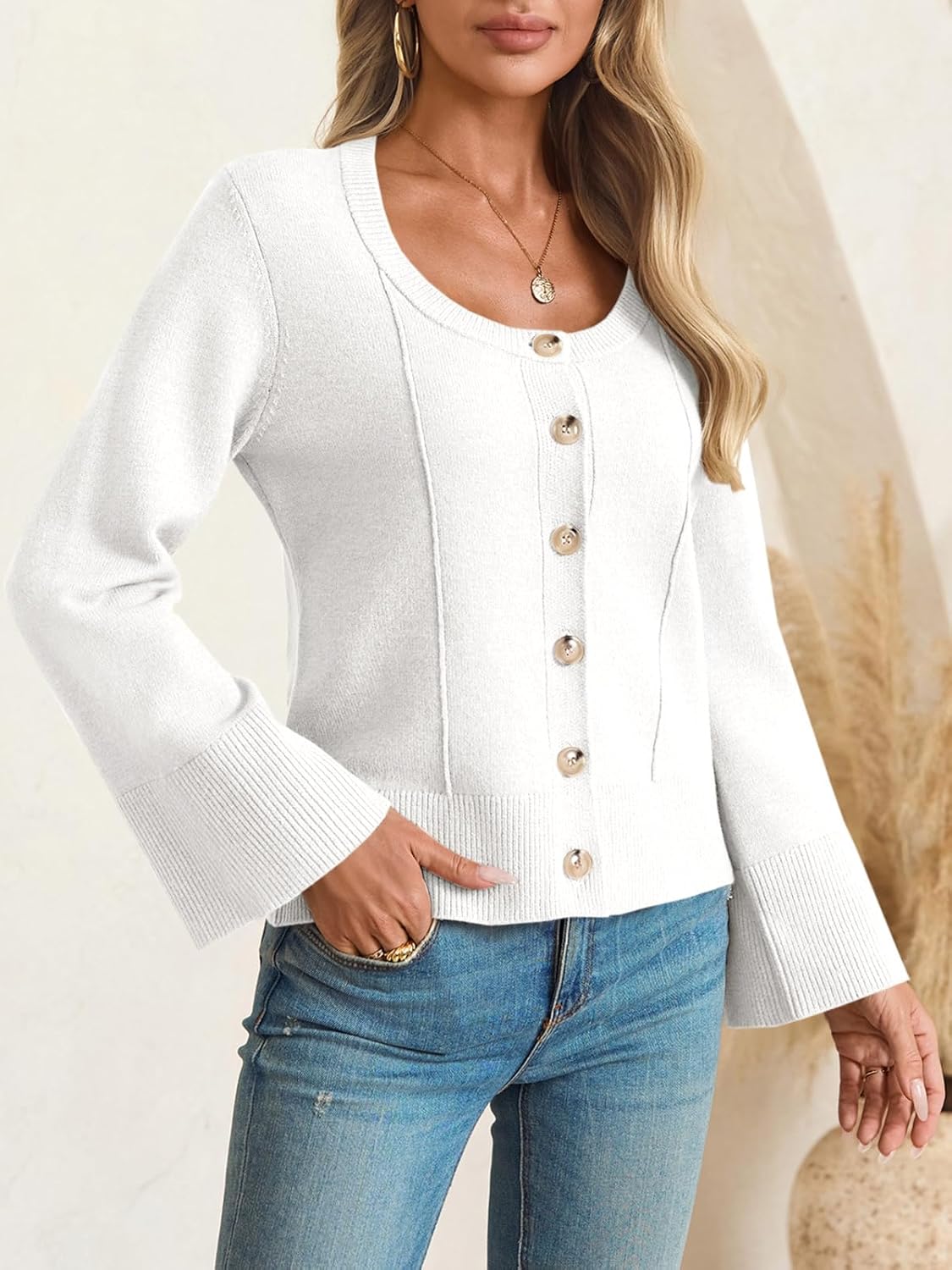 Saodimallsu Womens Bell Sleeve Cardigan Sweaters Button Down Long Sleeve Fall Trendy Sweaters 2025 U Neck Knit Outwear - Image 2