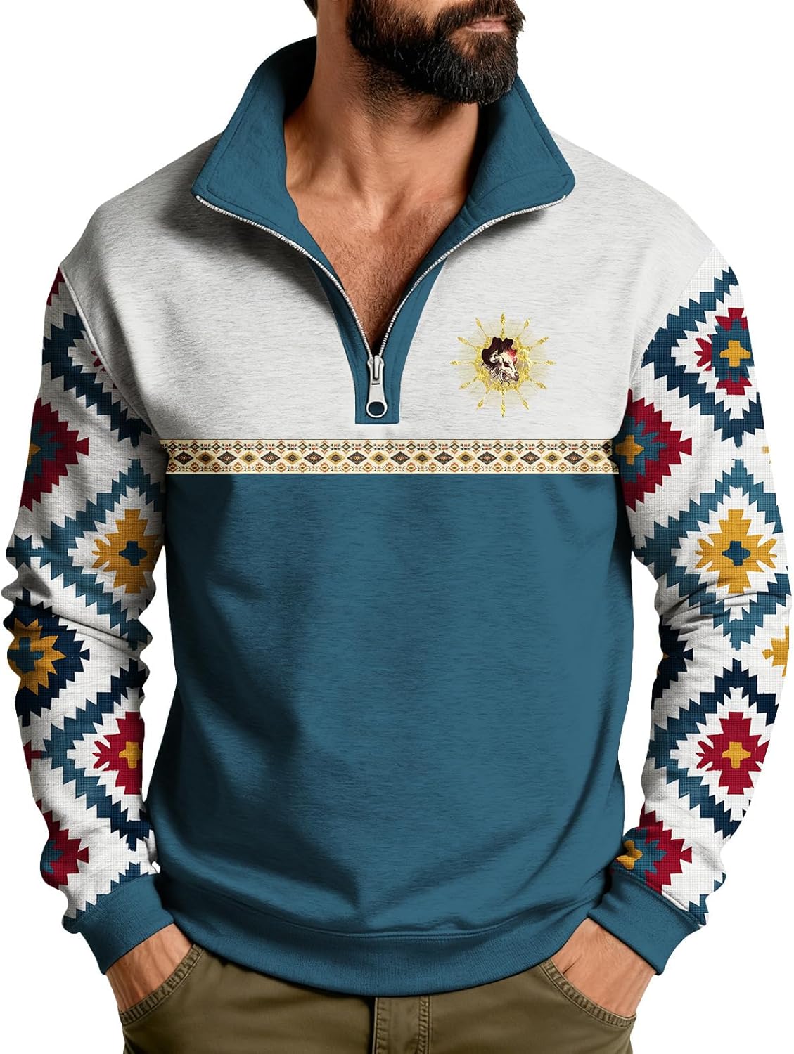 Men’s Quarter Zip Pullover 2026 Spring Dressy Casual Long Sleeve Mock Neck Sweatshirts Patchwork Western Sweaters