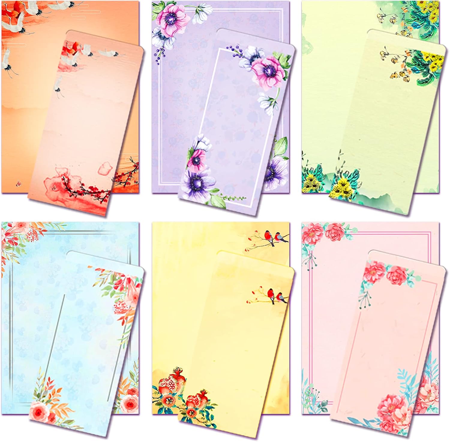 Anzon Mories A4 Vintage Floral Stationery Paper 48 Pc and Self-Sealing Envelopes 24 Pc Set, 27 lb Heavy Weight Letter Writing Stationay, Printer Friendly, Color Both Sides, Ink Painting Classic Design