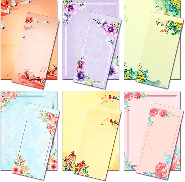 ANZON MORIES A4 Japanese Stationery Paper and Envelopes Set, 48 Letter Writing Paper with 24 Self-Sealing Envelopes, Printer Friendly, Color Both Sides, Ink Painting Classic Vintage Floral Design