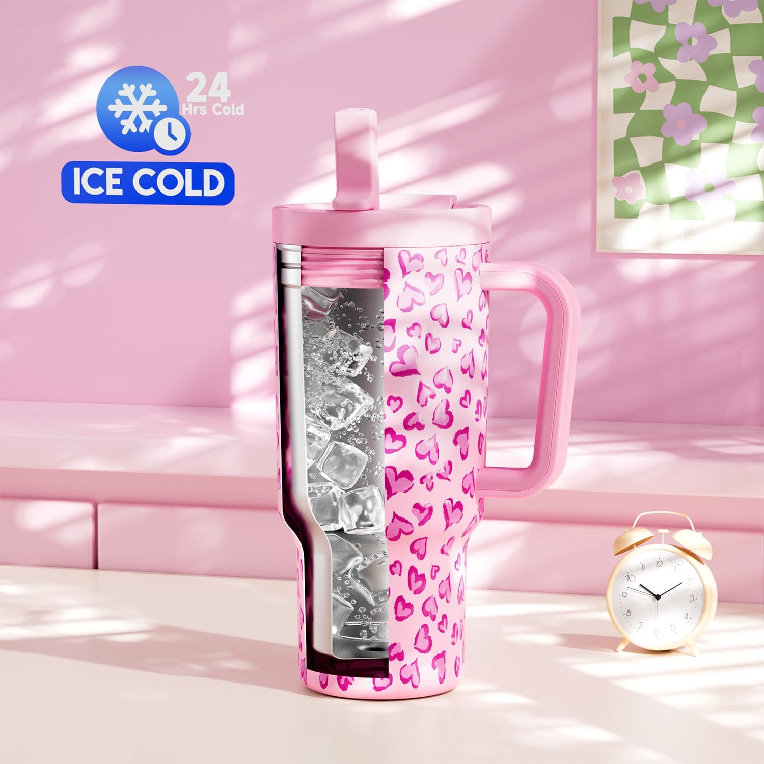 Meoky 32 oz Tumbler with Handle and Flip Straw, 100% Leakproof Tumbler with Lid and Straw, Stainless Steel Insulated Cup, Cupholder Friendly, Keeps Cold for 24 Hours (Love) - Image 2