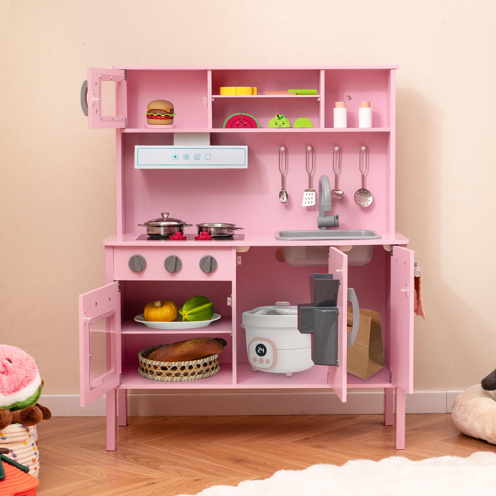 HOMASIS Cucina Giocattolo per Bambini, Cucina in Legno con Lavello, Fornello, Forno, Microonde, Macchina per il Gelato, 18 Accessori, Cucinetta per Bambini dai 3+ Anni (Rosa)