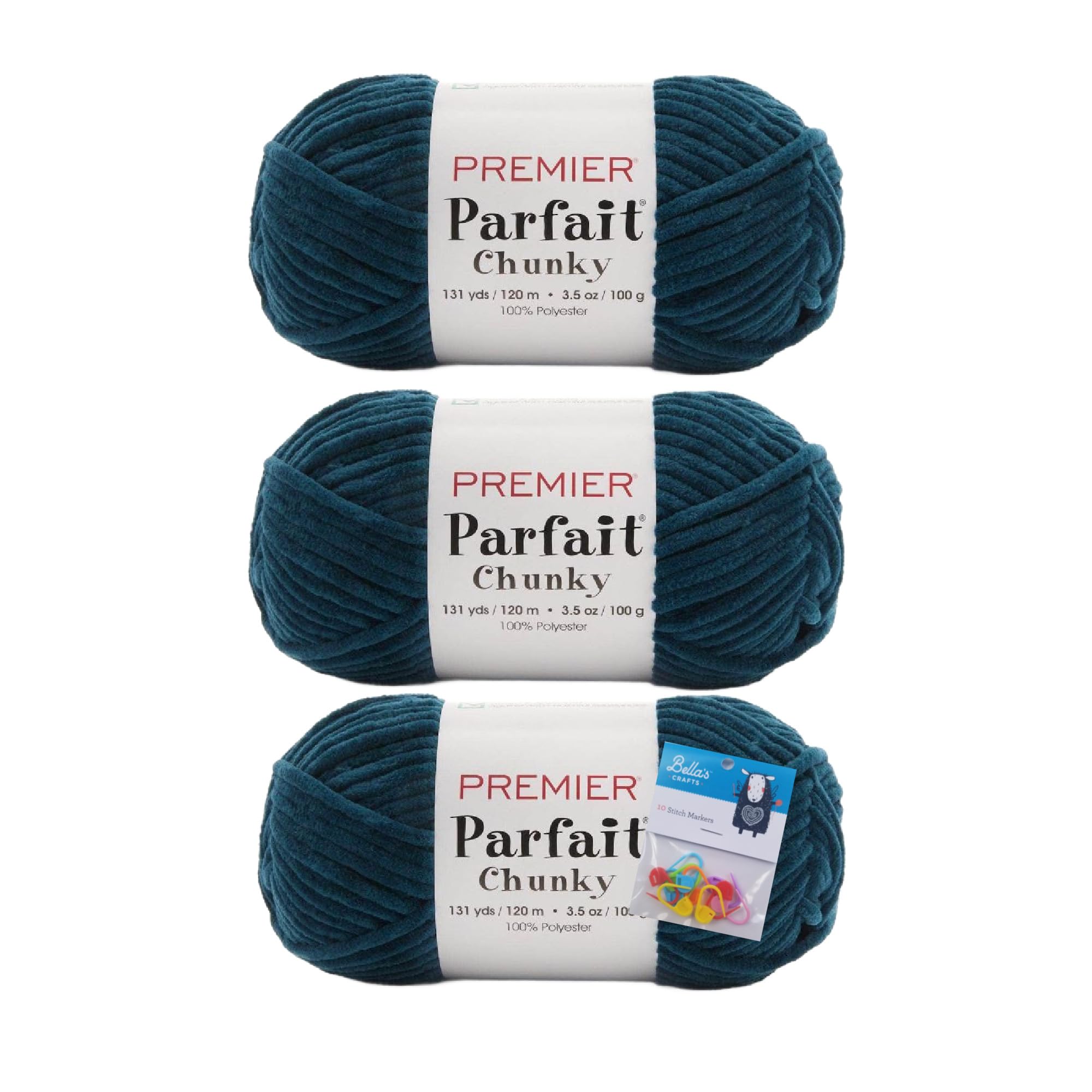 Premier Yarns Parfait Chunky Chenille Yarn 3.5 Oz 6 Super Bulky Weight 3 Pack Bundle with Bella's Crafts Stitch Markers (Sundown) — image 1