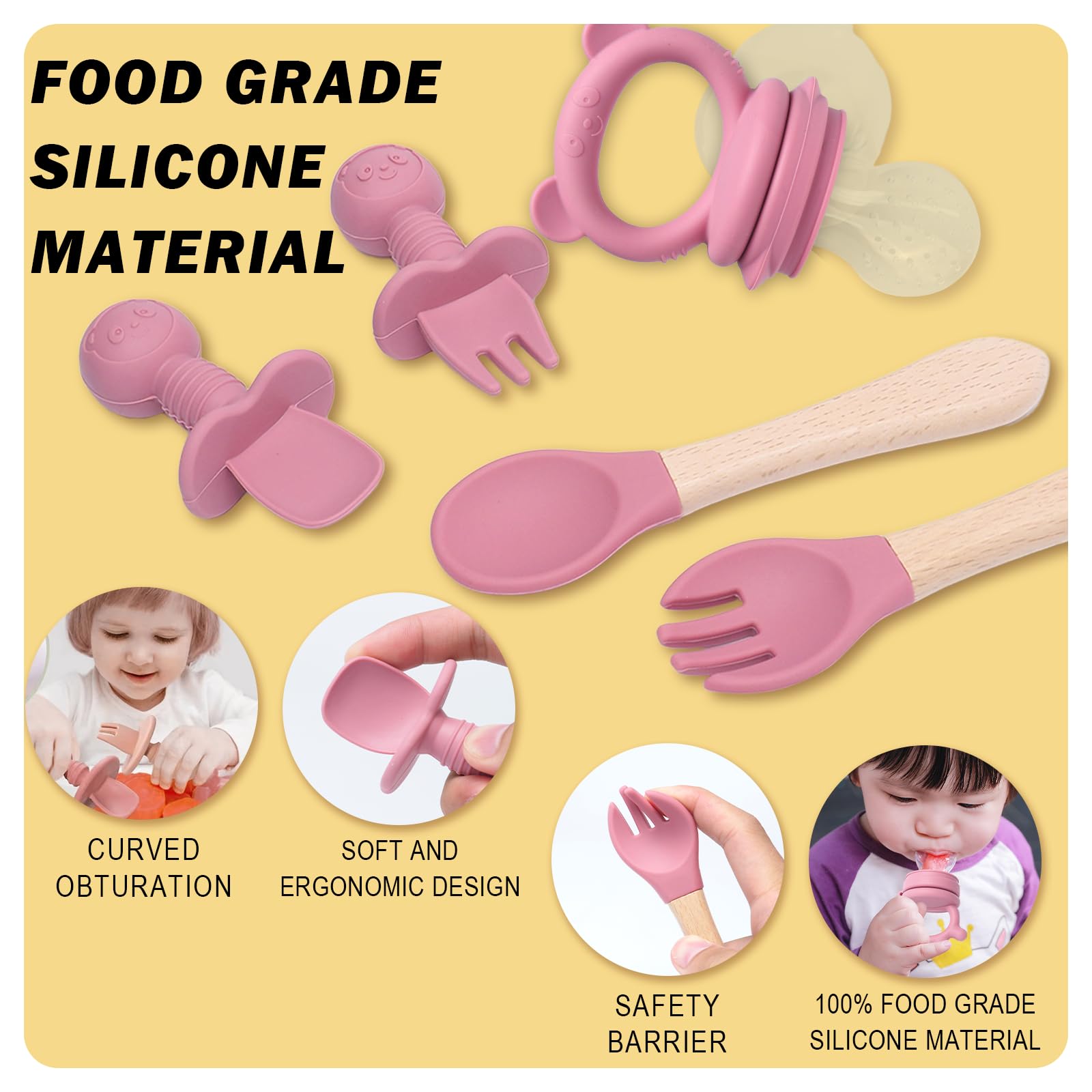 Coffret Repas Bebe 10 Pièces, Assiette bebe Set Vaisselle Antiderapant Silicone avec Ventouse Assiette Bol Fourche Cuillère Bavoir et Tasse, Enfant Set Couverts Vaisselle, Sans BPA, Rose