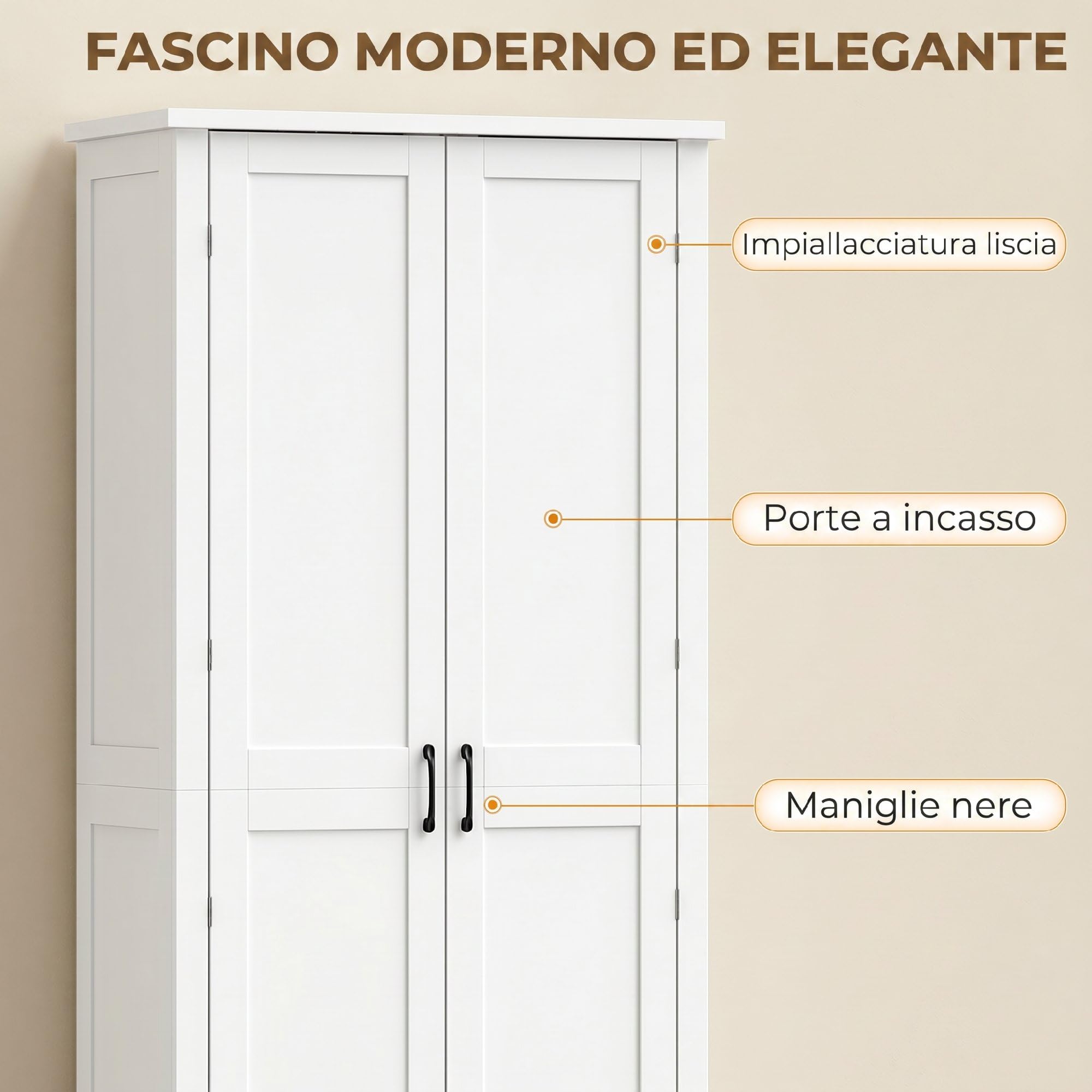 HOMCOM Credenza Cucina Alta 180cm, Mobile Dispensa con Ruote, Doppie Ante, 6 Ripiani, 14 Scomparti Portaspezie sulla Porta, Ripiani Regolabili, Mobile Cucina per Sala da Pranzo Soggiorno, Bianco