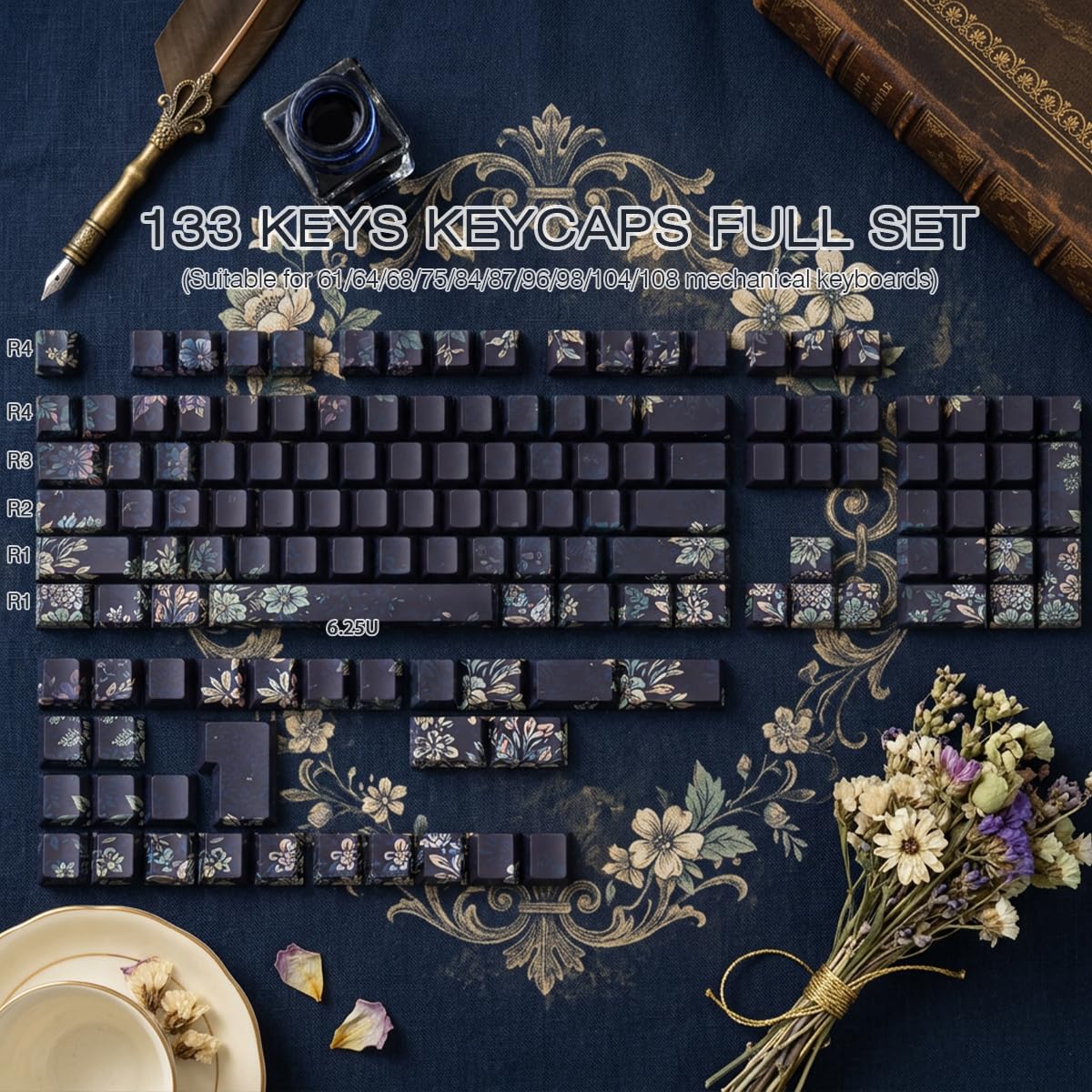 PBT Keycaps, 133 klawisze Plum Blossoms Black Double Shot Keycaps Dye-Sub Cherry Profile Side Printed Shine Through Keycap for Cherry MX Switch Mechanical Keyboard