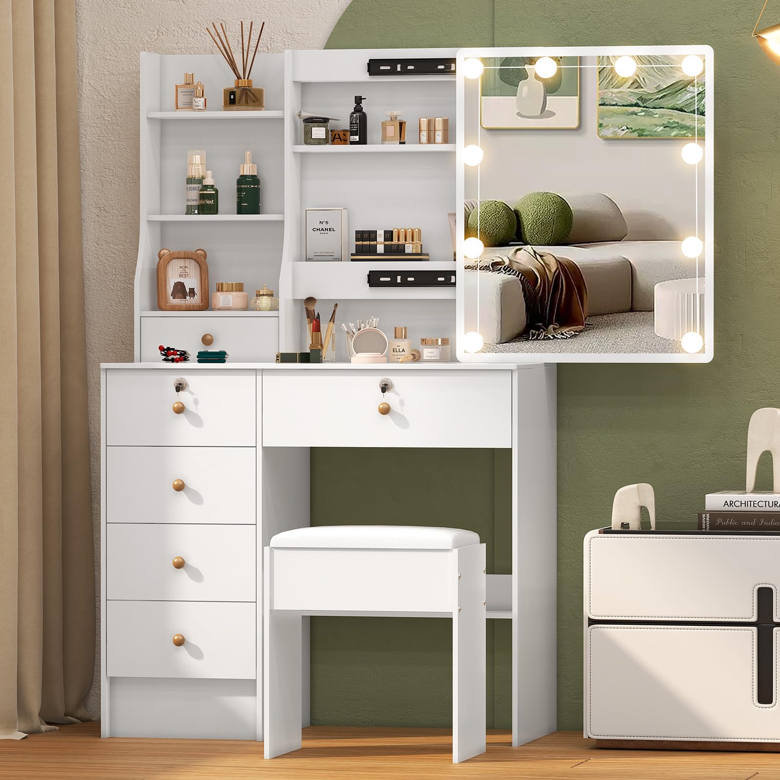 Buildonely Dressing Table with Mirror and Stool, Vanity Table with LED Lights, Adjustable Brightness, Makeup Desk with Drawers, White, 80x36x131 cm