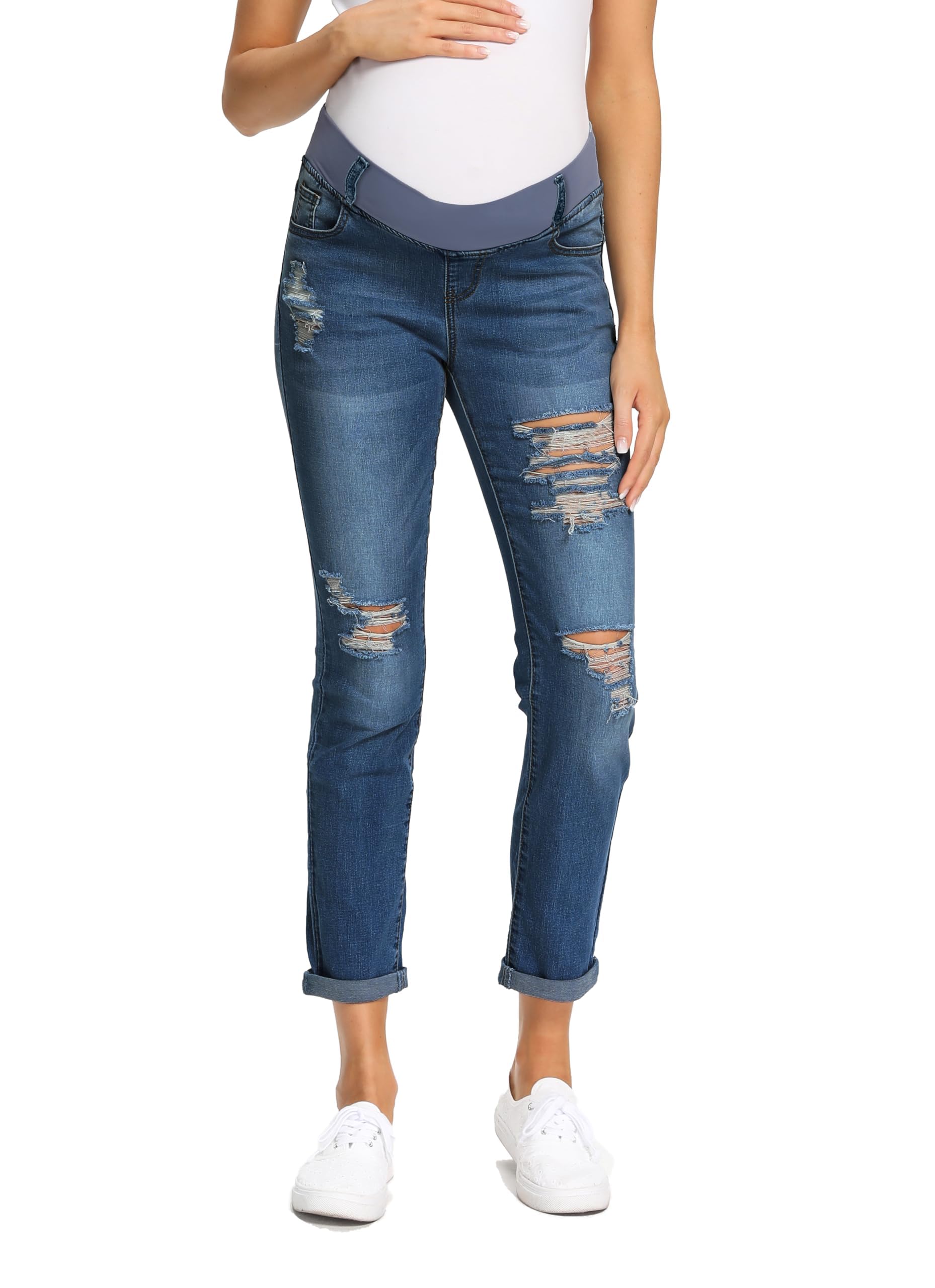 Foucome Women's Maternity Jeans Stretch Ripped Boyfriend Jeans Pregnancy Denim Pants with Pockets