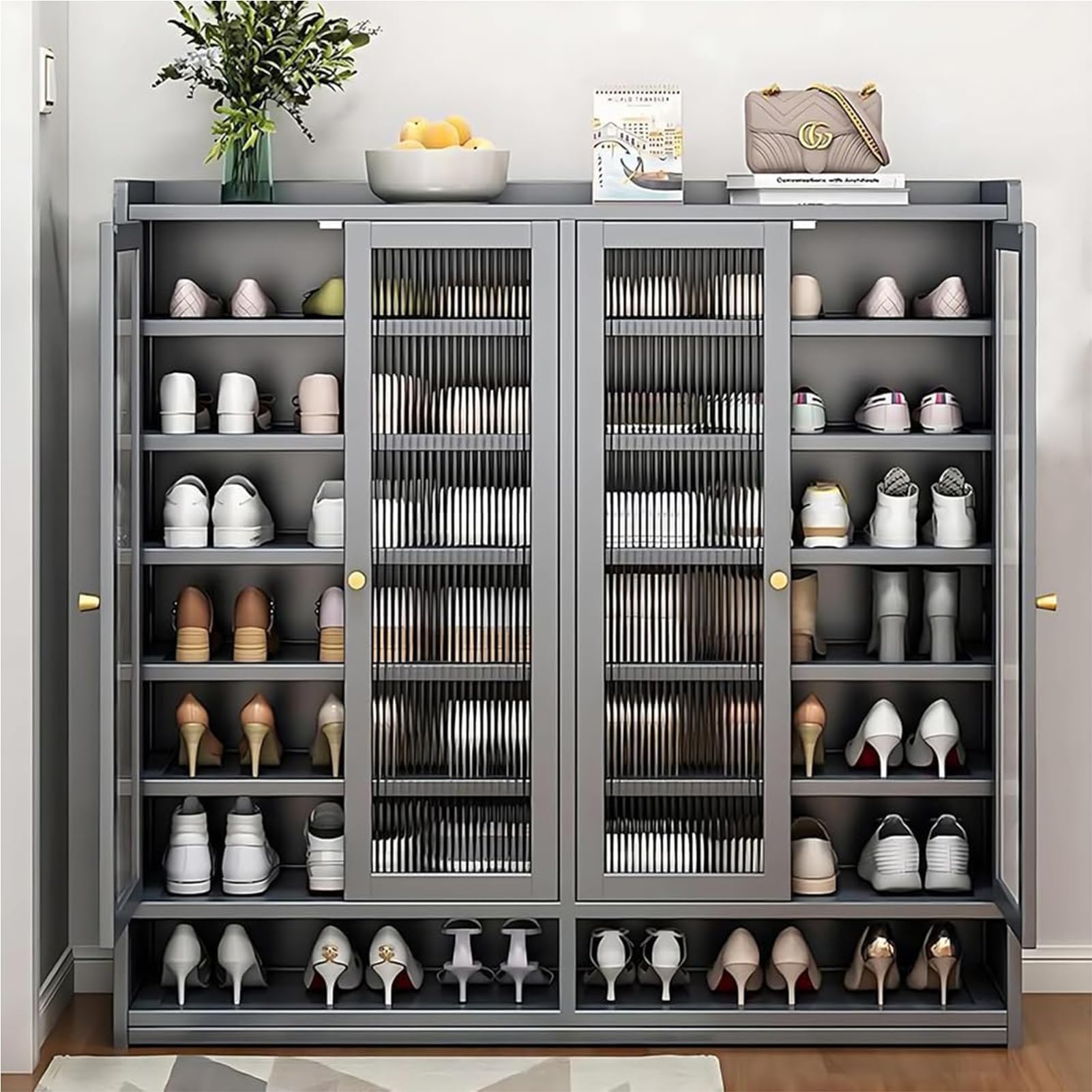 Generisch Schuhschrank Holz mit Korbgeflecht-Türen Moderner Bambus Schuhschränke Schuhschrank Schmal mit Stauraum Shoes Cabinet für Flur Wohnzimmer Schlafzimmer (E)