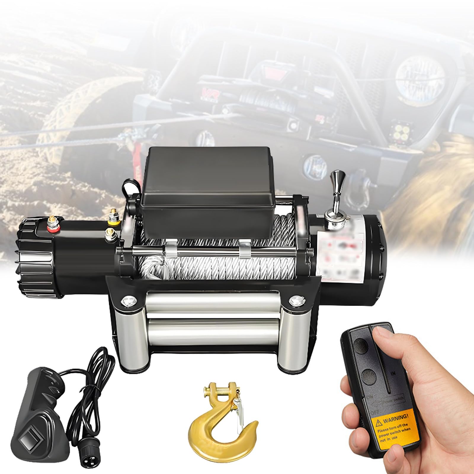 DOZPAL 12V/24V Truck Waterproof Winch Electric Steel Rope Electric Winch with Roller Fairlead & Wireless/Hand Remote Controller, 3000/3500/4000/4500/6000LBS Trailer Winch 6000LBS