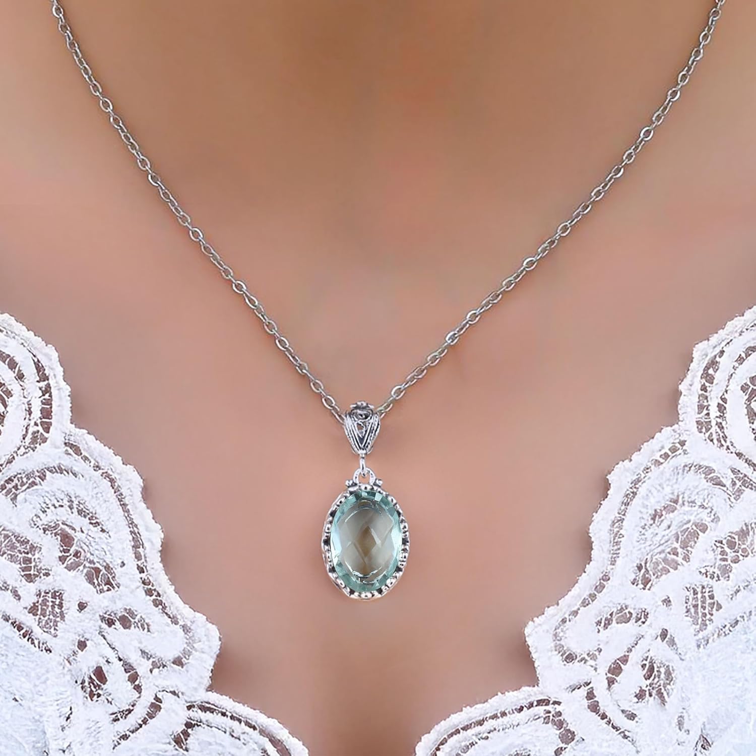 Filigranist 925 Sterling Silver Handcrafted Filigree Art Crown Design Gemstone Woman Pendant Necklace - Image 2