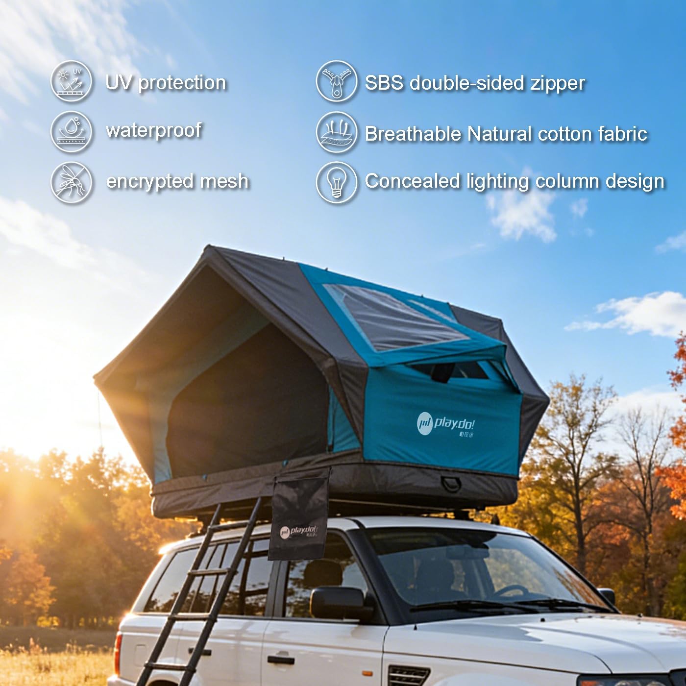 PlayDo Inflatable Rooftop Tent Easy Set Up Pop Up Roof Tent Air Extra Wide Large for 3 Person Family Camping Waterproof Cotton Tents for Truck Car SUV with Light, Skylight