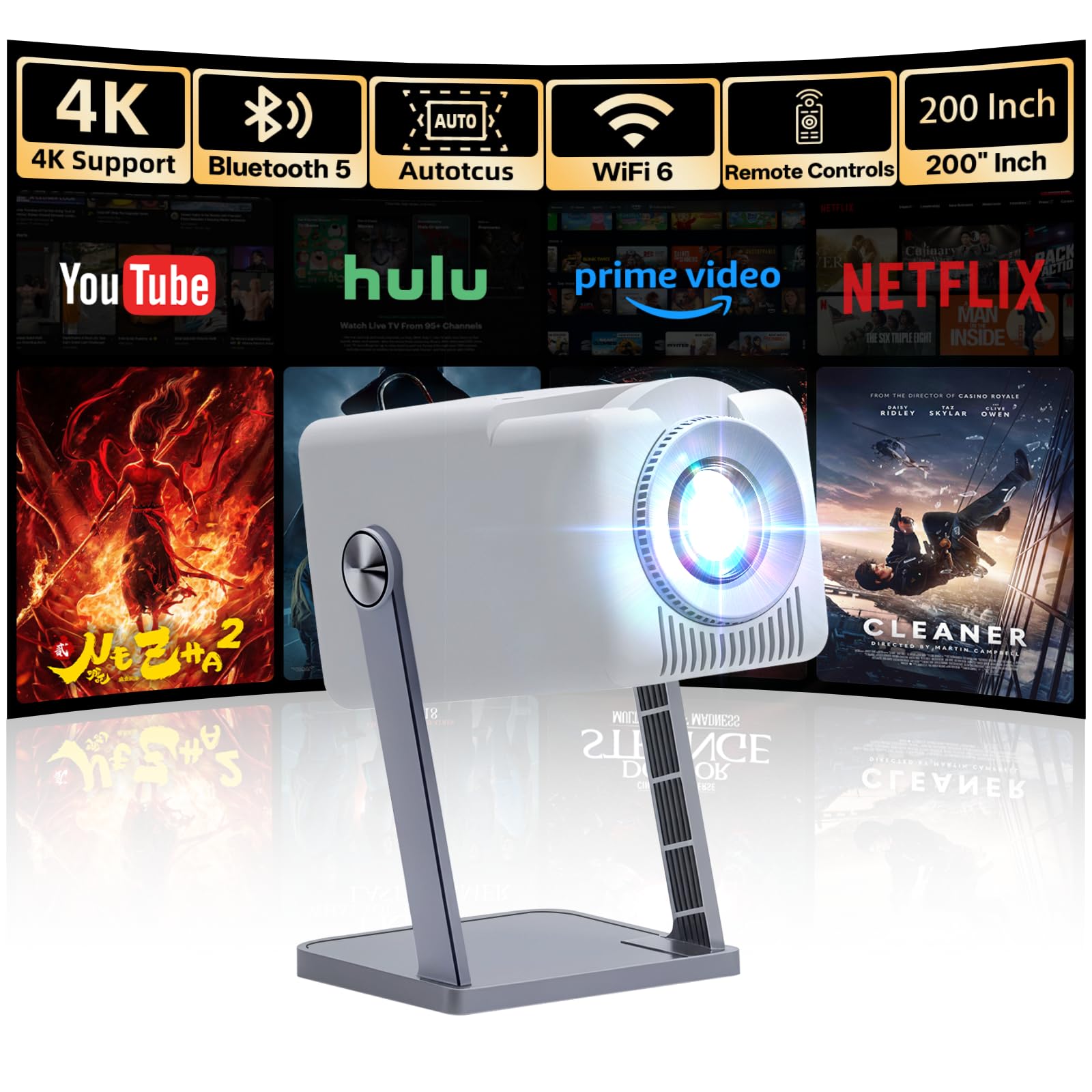 Proyector portátil 4K, Mini proyector Full HD Soporte 200 ANSI, con WiFi6, Bluetooth 5.0 y Android TV 11.0, Auto Keystone Ángulo Giratorio 360°, Proyector Móvil Cine en Casa para HDMI/USB/TV Stick