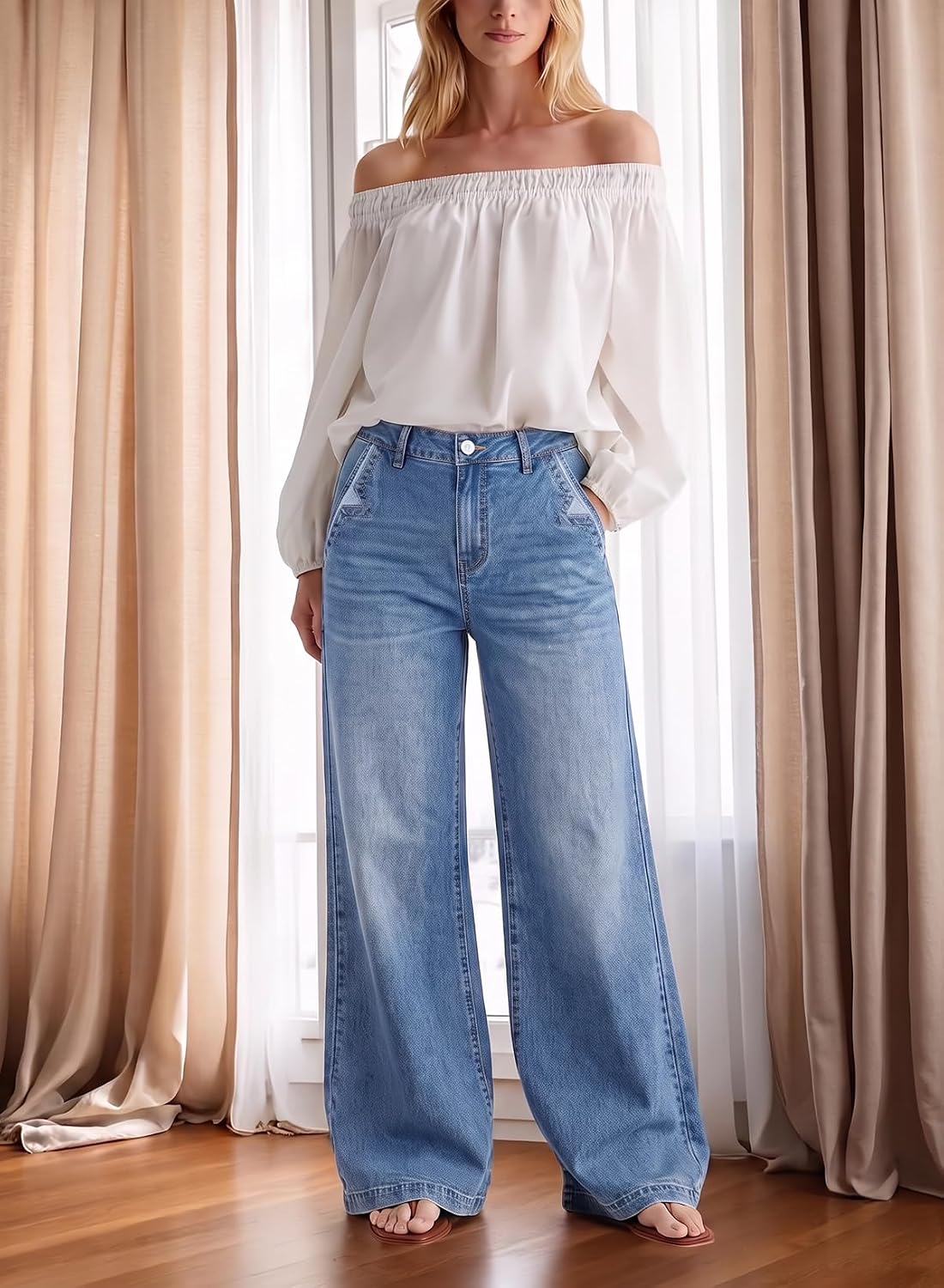 Dokotoo Women's Mid Waisted Straight Wide Leg Stretchy Jeans Baggy Denim Pants image 4