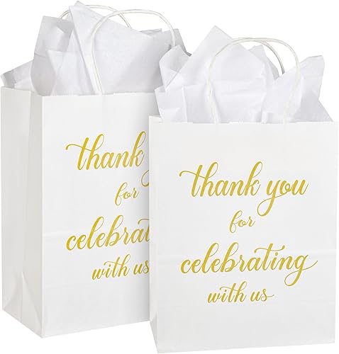 DjinnGlory Paquete de 50 bolsas de regalo de papel blanco de tamaño mediano con papel de seda de 10 x 8 x 4 pulgadas, bolsas de agradecimiento por