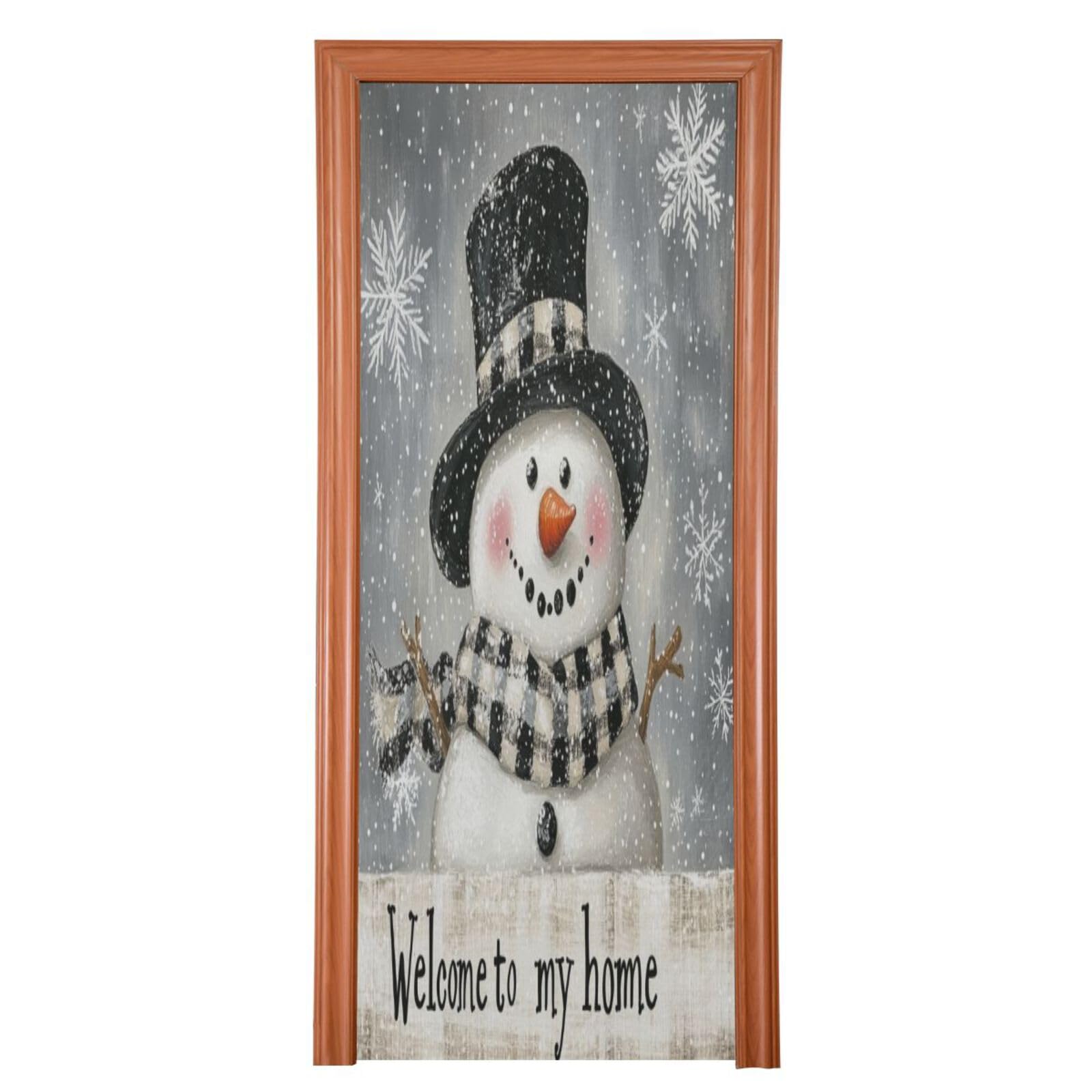 J JOYSAY Black Christmas Snowman Snowflakes Door Decorations Door Cover Christmas Decoration Front Door Xmas Decorations for Christmas Party,35x79 in