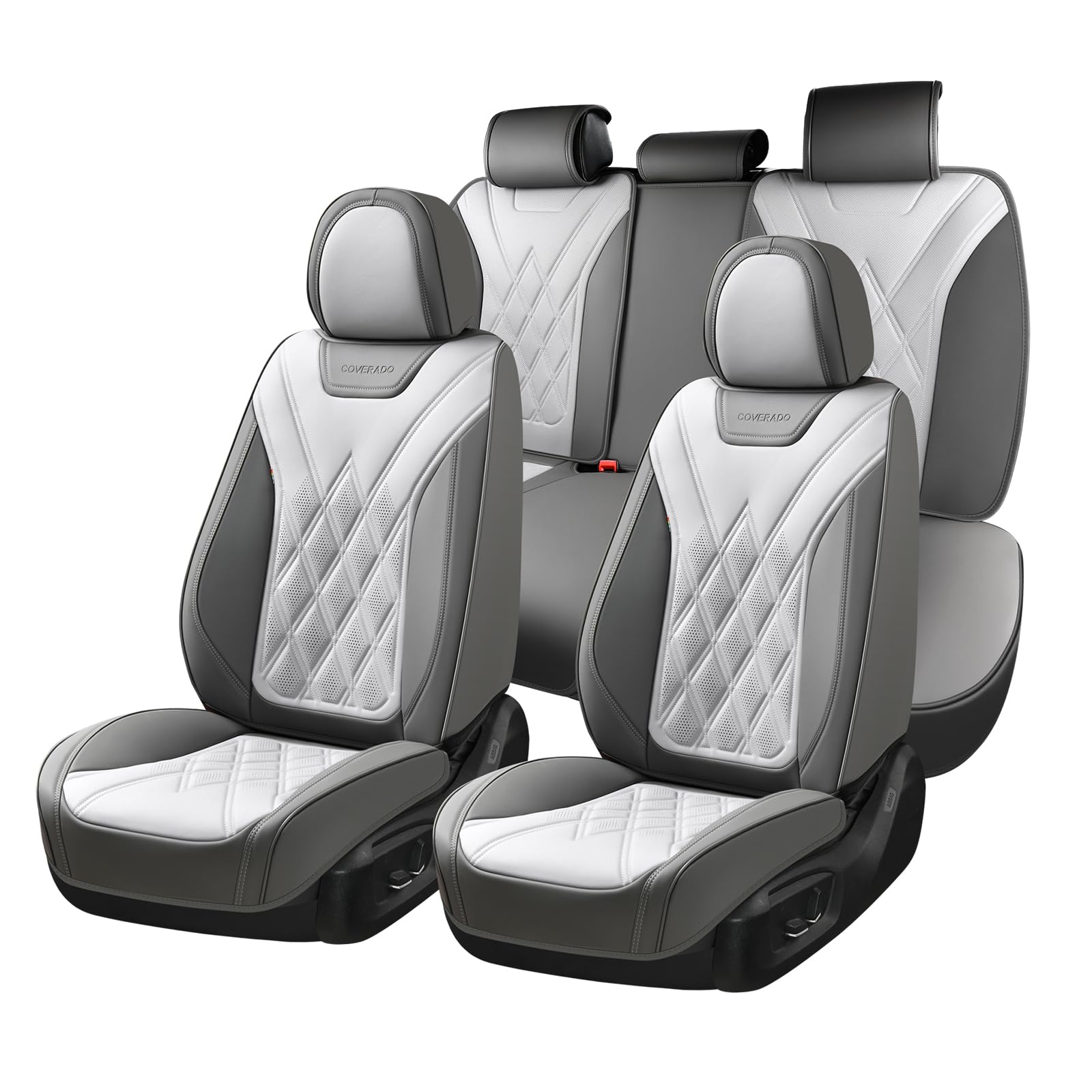 Coverado Car Seat Covers Full Set, Seat Covers for Cars, Front Seat Covers and Back Seat Cover Waterproof Leather Automotive Seat Cover, Universal Car Interior Protectors for Most Cars Light_Gray