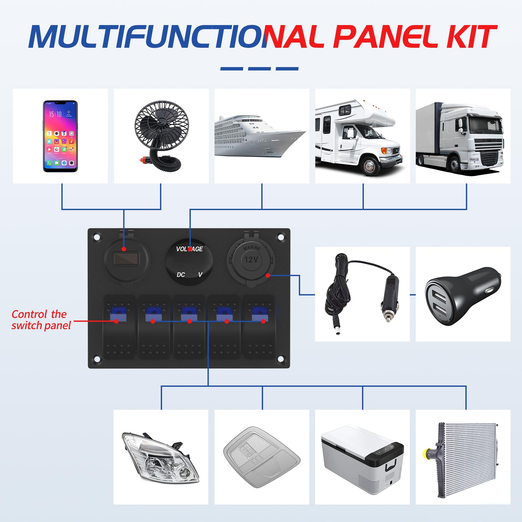 Joinfworld 5 Gang Pannello Interruttori barca Impermeabile 12V/24V,Interruttore a Levetta con 4.8A Doppio USB, LED Voltmetro,Precablato,Presa Accendisigari per Auto Barca Camion Camper