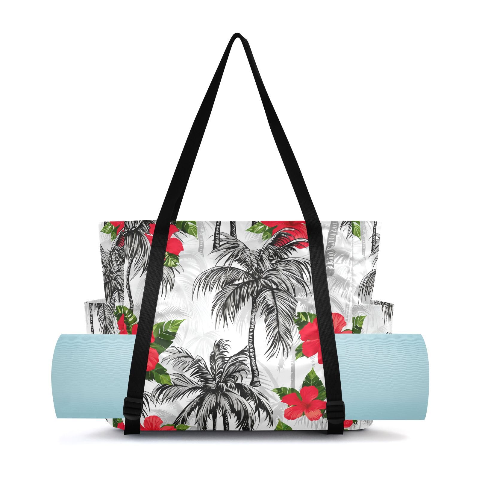 Lxqimora Palm Trees Hibiscus Tropical Yoga Mat Bag for Women Water-Resistant Gym Bag with Yoga Mat Holder Tote Bag for Pilates Gym Yoga Travel