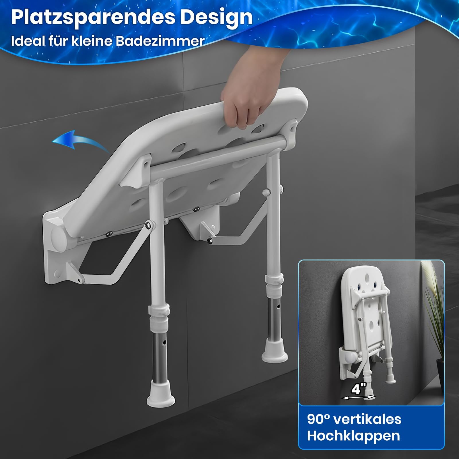Asiento plegable de ducha para montaje en pared con reposabrazos, asiento de ducha plegable montaje en pared, para personas mayores, silla de ducha silla de baño