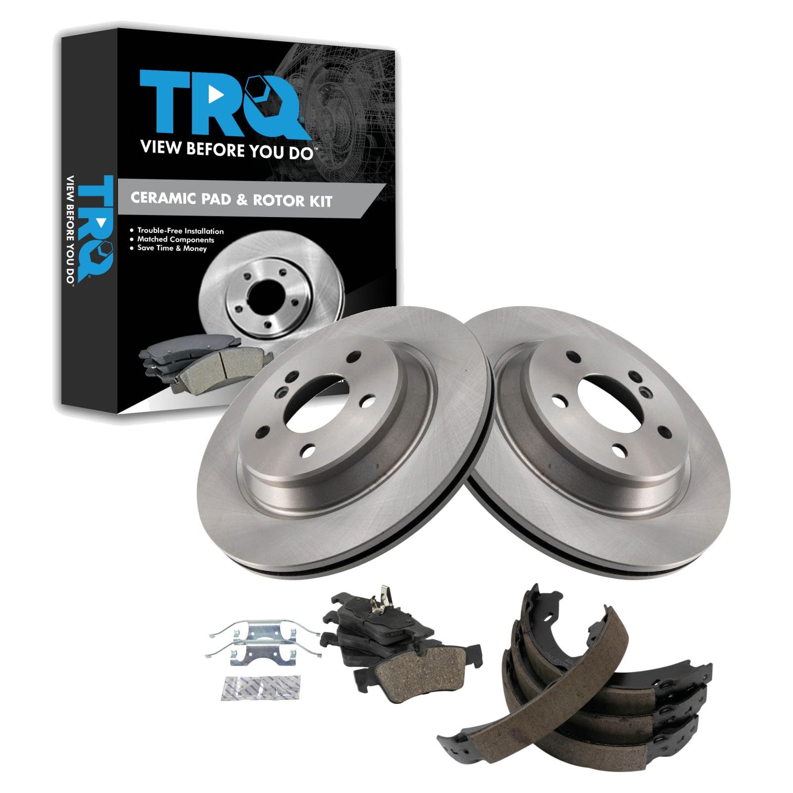 TRQ Rear Brake Pad and Rotor Set Ceramic Parking Brake Shoe Compatible with 2003 Mercedes-Benz CL500 2003-2006 S430 S500
