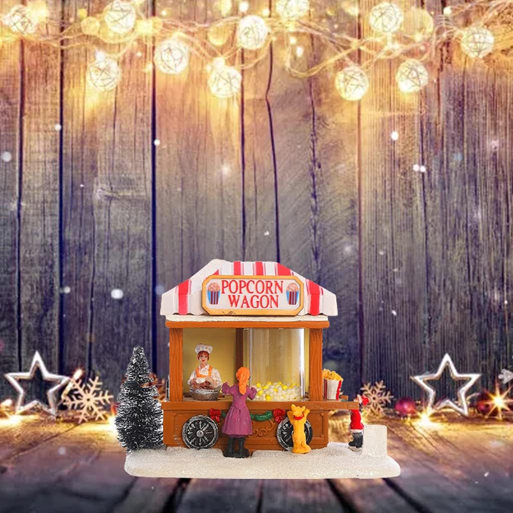 Christmas LED Lighted House Resin Popcorn Wagon Musical Animated Village Decor