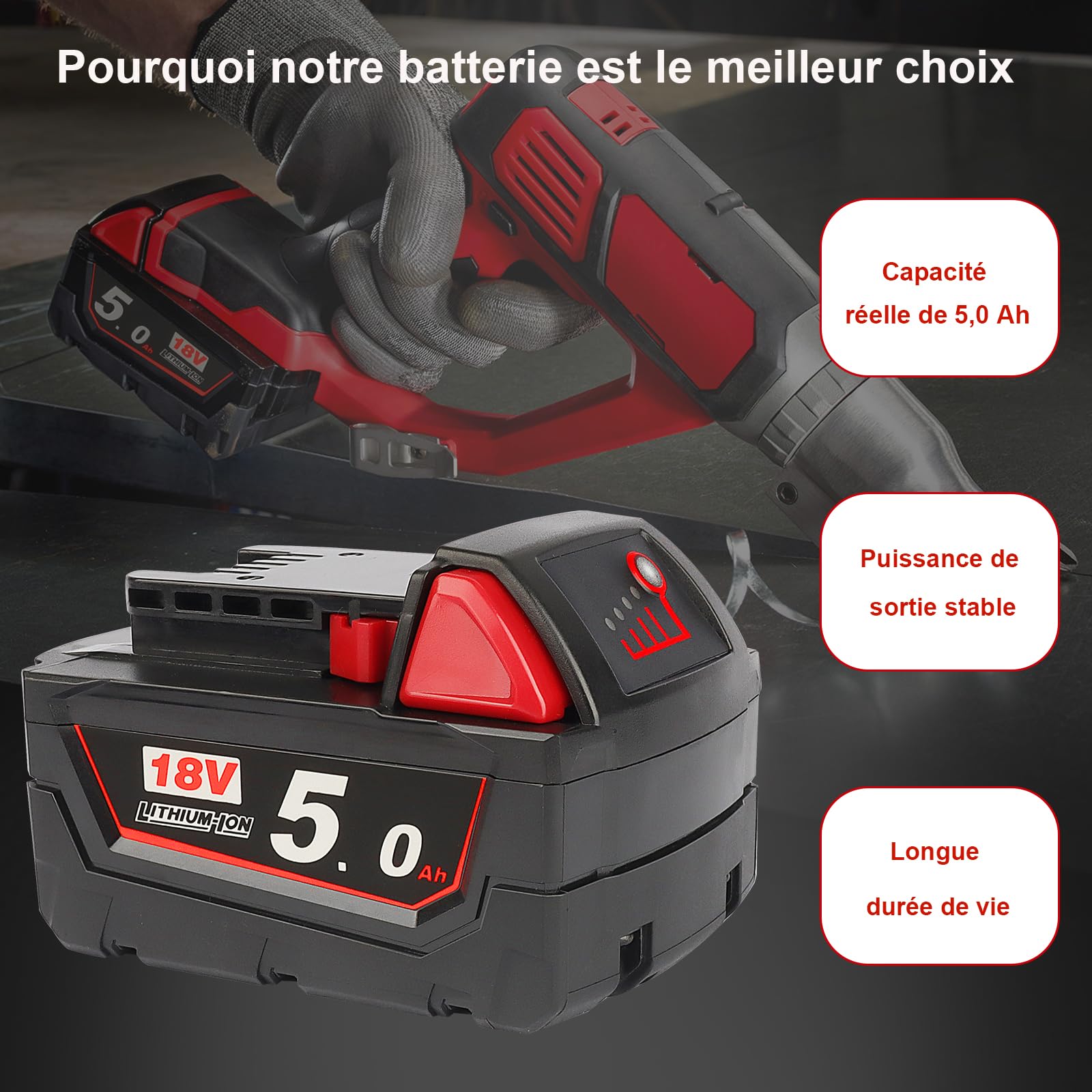 Waitley M18B5 5,0 Ah Batterie pour Milwaukee M18 48-11-1850 48-11-1852 48-11-1820 48-11-1828 48-11-10