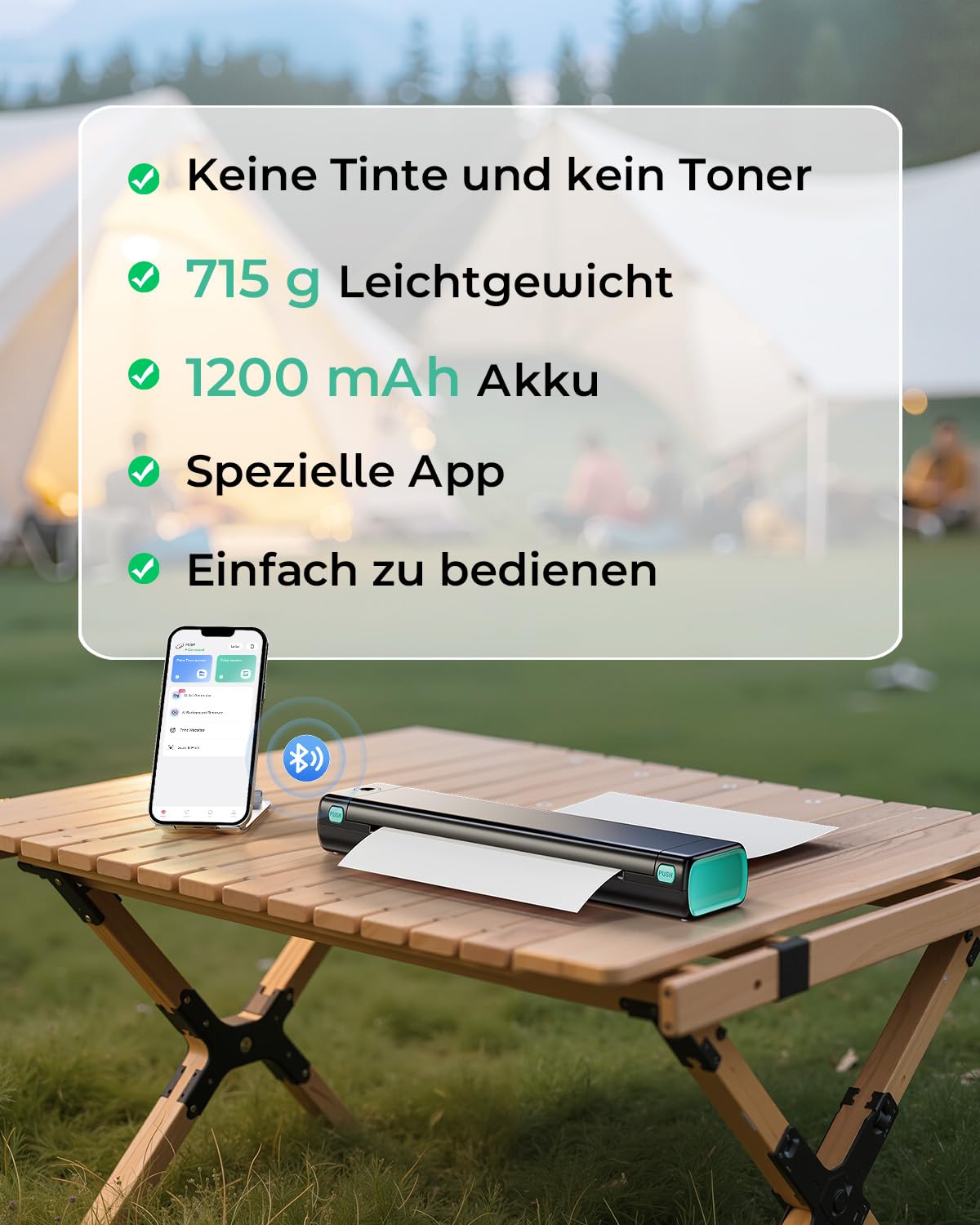 Phomemo M08F Thermodrucker A4 Mobiler Bluetooth Drucker, Tragbarer Wireless Printer für Unterwegs Kompatibel Android iOS, Thermopapier Drucker, Schwarz Grün