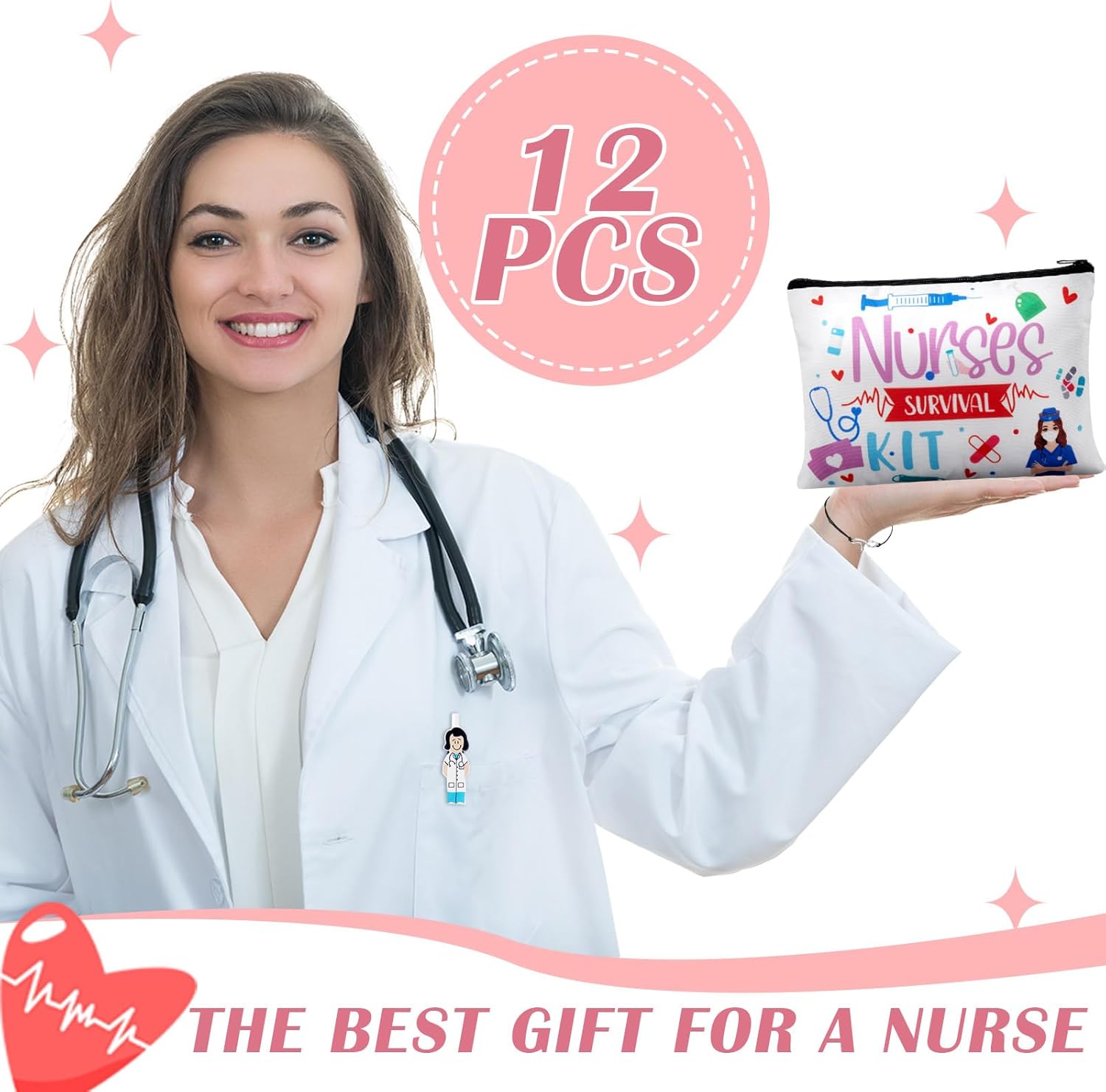 Sabary 48 Pcs Nurse Appreciation Gifts Set for Women 12 Makeup Cosmetic Bag 12 Notebooks 12 Doctor Nurse Ballpoint Pens 12 Bracelets for Rn Cna Nurses Week Nursing Students Graduation Gifts(Stylish)