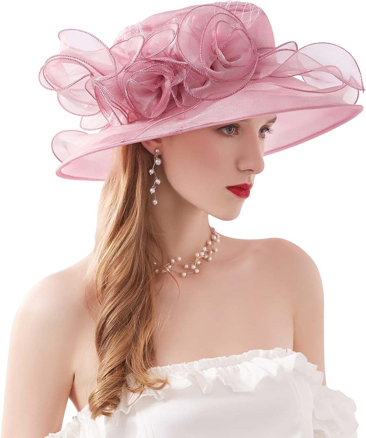 Women Derby Fascinator Hat Organza Church Wedding Hats Wide Brim Cocktail Tea Party Hat
