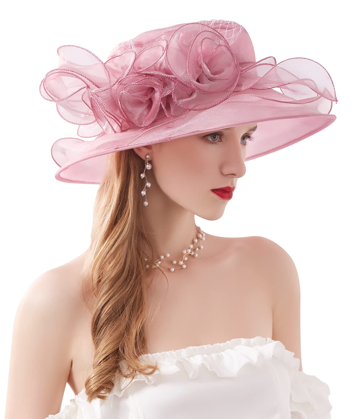 Z&X Organza Church Fascinator Kentucky Derby Hats for Women Flower Wedding Tea Party Hat Wide Brim Sun Hat (#2024 Pink)