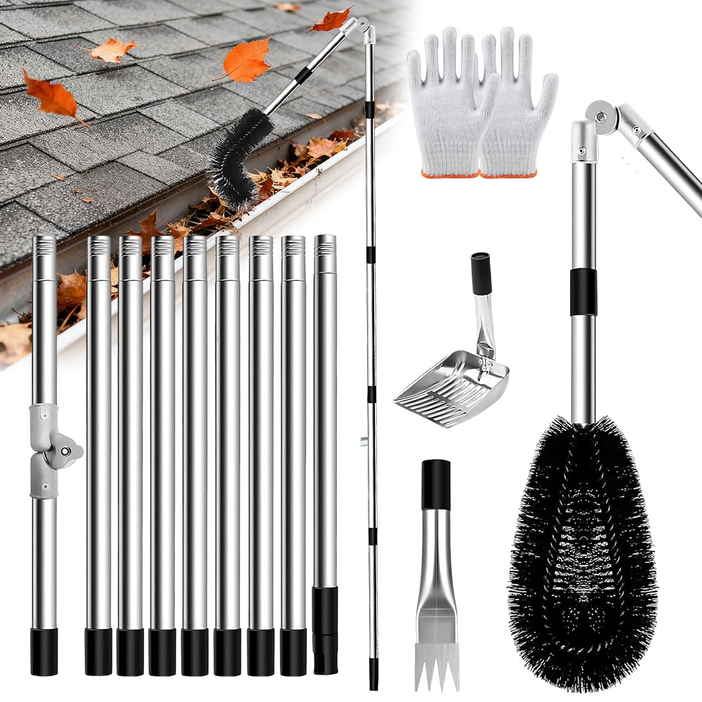 NAVESO Gutter Cleaning Tools, 4M/13FT Telescopic Gutter Cleaner kit with 180° Swivel Head,Brushe, Gutter Scoop, Gutters Rake and Gloves for Removes Leaf Debris,Spider Webs from Villas,Ditch,Gardens