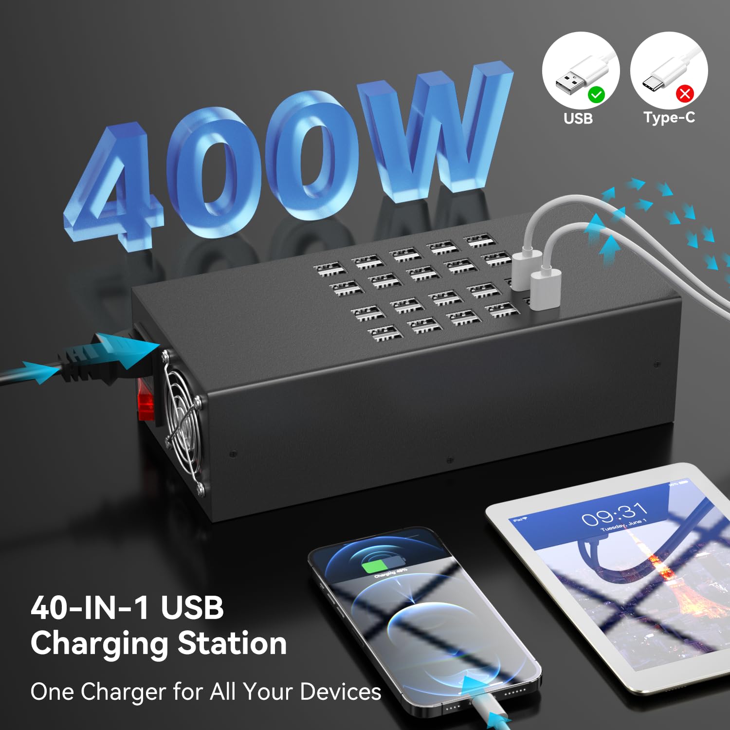Station de Charge USB, Skazeke 40Ports 300W/60A concentrateur de Charge de Bureau,Sortie de Protection Multiple 5V/1.5A,Charge pour appareils Apple, Smartphones