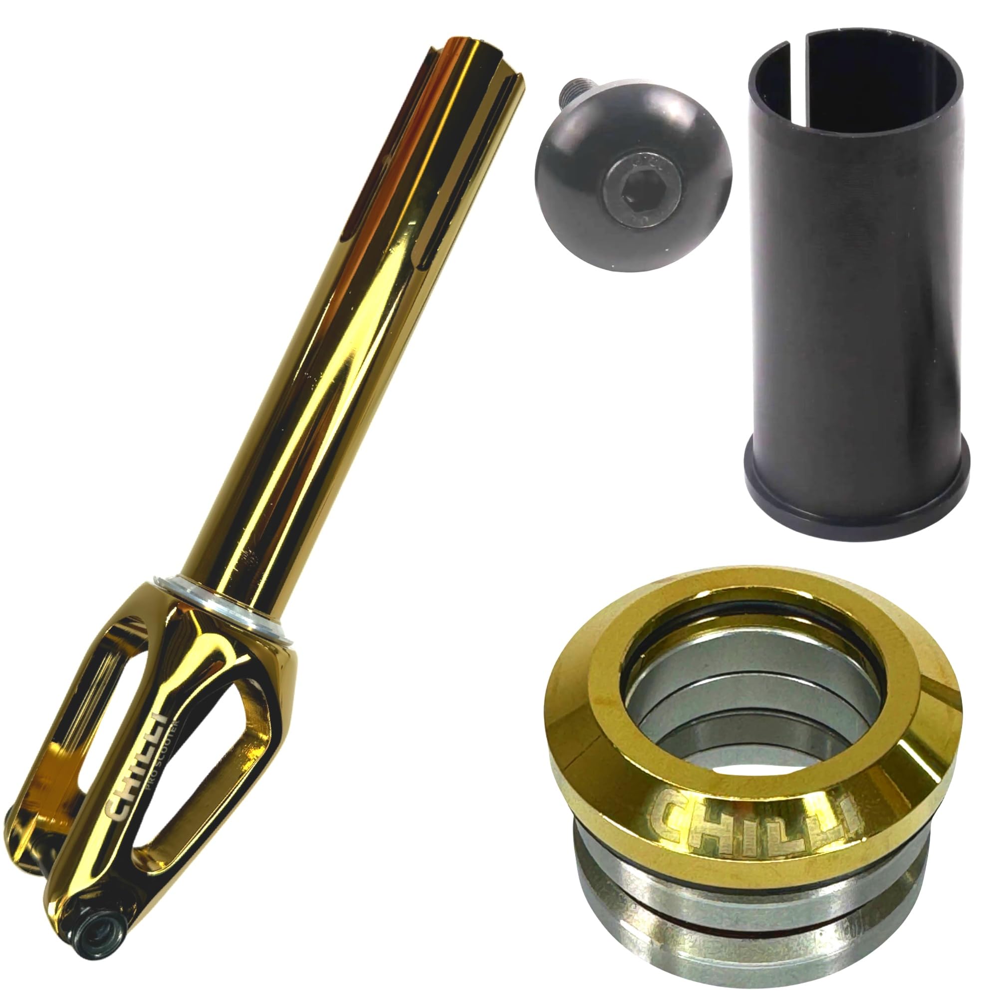 Chilli Pro Scooters Slim Cut Trottinette Stunt Fork HIC Kit complet avec jeu de direction Trick Roller Fourche de tuning de rechange Convient pour roues de 100 I 110 I 120 mm Couronne chromée dorée