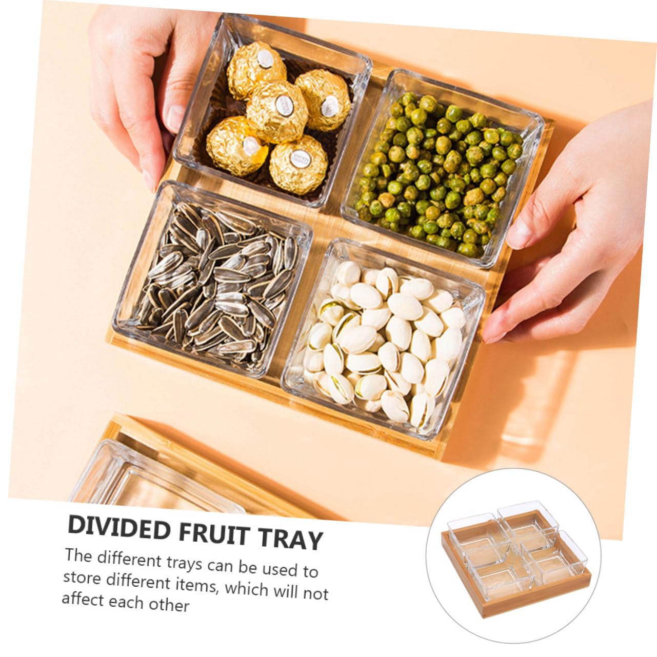 Zerodeko Plateaux de Service en Verre Divisé pour Fruits Secs et Noix Support en Bois, Design Solide et Multifonction pour Collations et Apéritifs Couleur Aléatoire