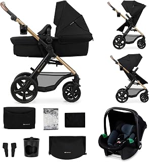 Kinderkraft MOOV 2, passeggino trio 3 in 1, navicella+passeggino 2 in 1, seggiolino auto i-Size, ruote antiforatura ammortizzate, cappottina UPF50+, fino a 22 kg, Nero
