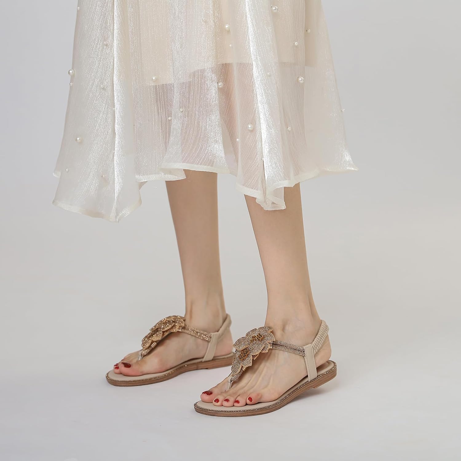 Women's Bohemian Flip Flops Sandals Rhinestone Beaded Flat