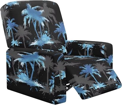 Blue Palm Tree Print 4 Piece Recliner Chair Cover, Stretch Lazy Boy Non Slip Covers for Recliner with Pocket, Soft Reclining Sofa Slipcovers Furniture Protector with Elastic