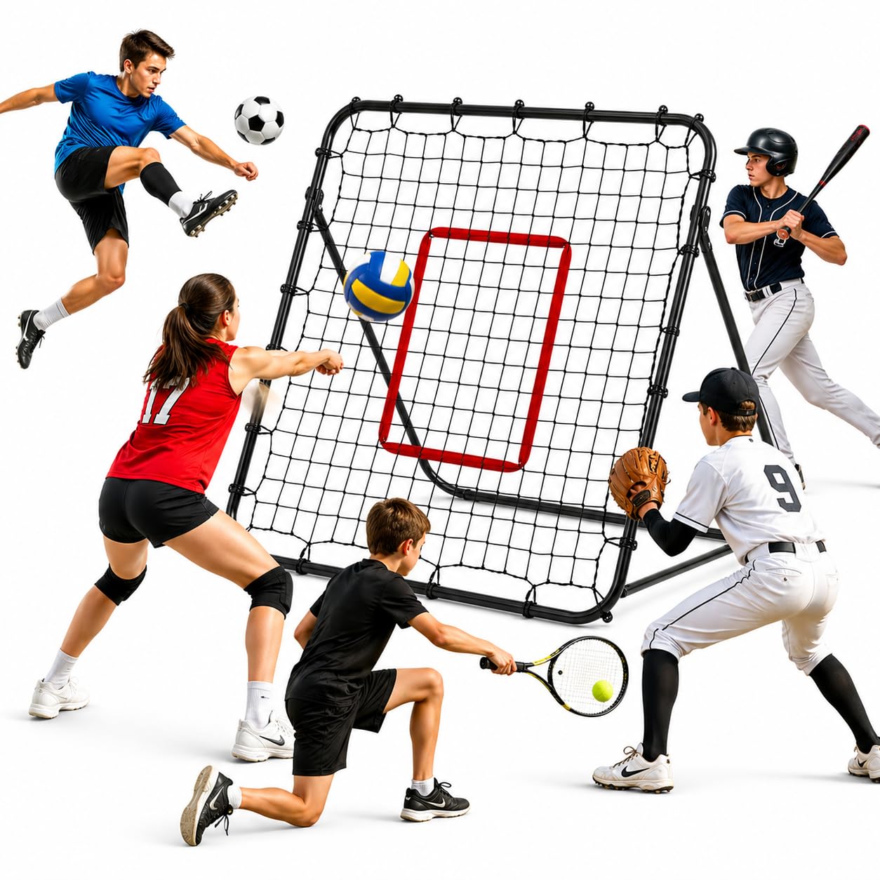 Volleyball Rebounder Net with 6 Adjustable Angles - Steel Frame Volleyball Net for Backyard Soccer Baseball Softball Lacrosse - Soccer Rebounder Set for Hitting Serving Passing Spike Practice